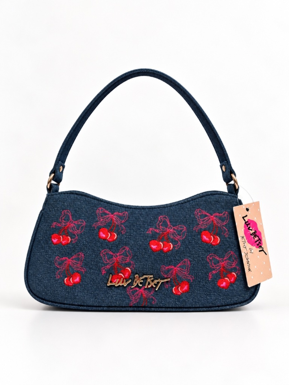 Luv Betsey Johnson Denim Shoulder Bag Embroidered Cherries Bows Y2K NWT